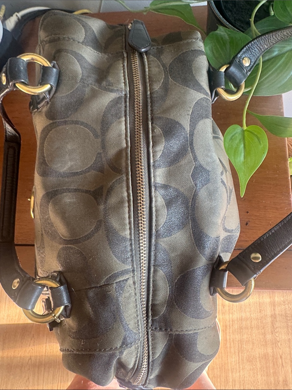 Coach Campbell Signature Metallic Olive Green Canvas Satchel with Leather Trim - Picture 6 of 12